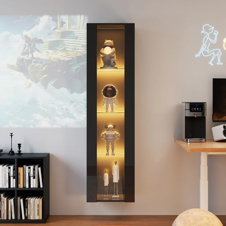 40 x 29 x 170 cm, multifunktionale Vitrine, Glasböden, LED-Farbwechselbeleuchtung, APP-Steuerung, Acrylplatte, wandmontierbar, minimalistisches Design, schwarz.--Schwarz--40x29x170cm--YOUDENOVA – Bild 1