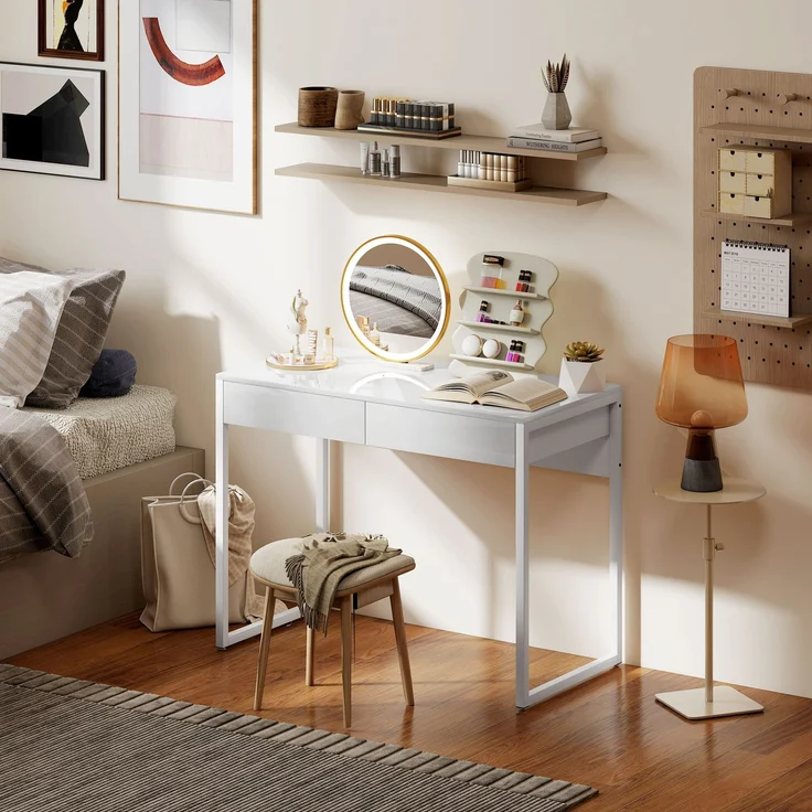 Schreibtisch mit 2 Schubladen, Computertisch 100 x 50 cm, moderner Schreibtisch mit Stahlgestell, für kleine Räume, Hochglanzweiß – Bild 9