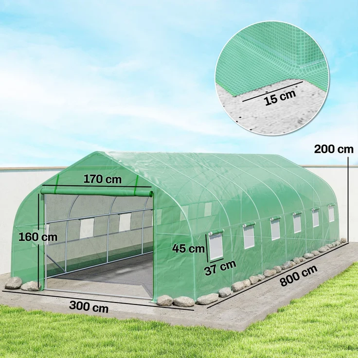 Wohnora-Großes Tunnelgewächshaus mit PE-Folie, Stahlrahmen, Rolltor und 12 Fenstern, 8 x 3 x 2 m, grün,H 20cm x T 1165cm x B 30cm – Bild 4