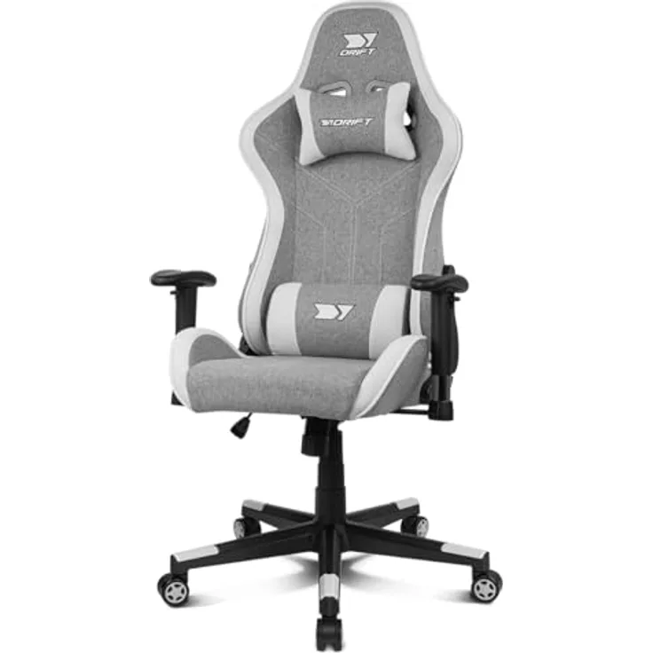 DRIFT GAMING DR90 PRO – Ergonomischer Gaming-Stuhl mit Kopf- und Lendenstütze, 135° neigbare Rückenlehne, 2D-verstellbare Armlehnen, atmungsaktiver Stoff, Nylonbasis und Gasfeder Klasse 4, Grau/Weiß