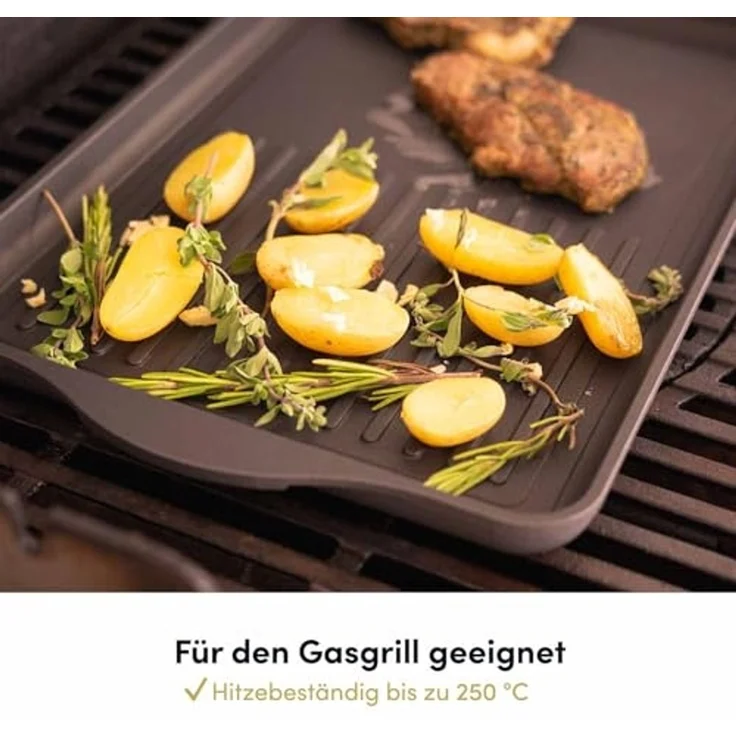 Hoffmann Germany Teppanyakiplatte Grillplatte 2in1 Aluguss eckig 49x29 cm – Made in Germany, Aluguss (1-tlg, 1x Grillplatte 49x29 cm + Silikon-Füße), Grillstreifen + Bratfläche, Antihaft, backofenfest, Induktion – Bild 3