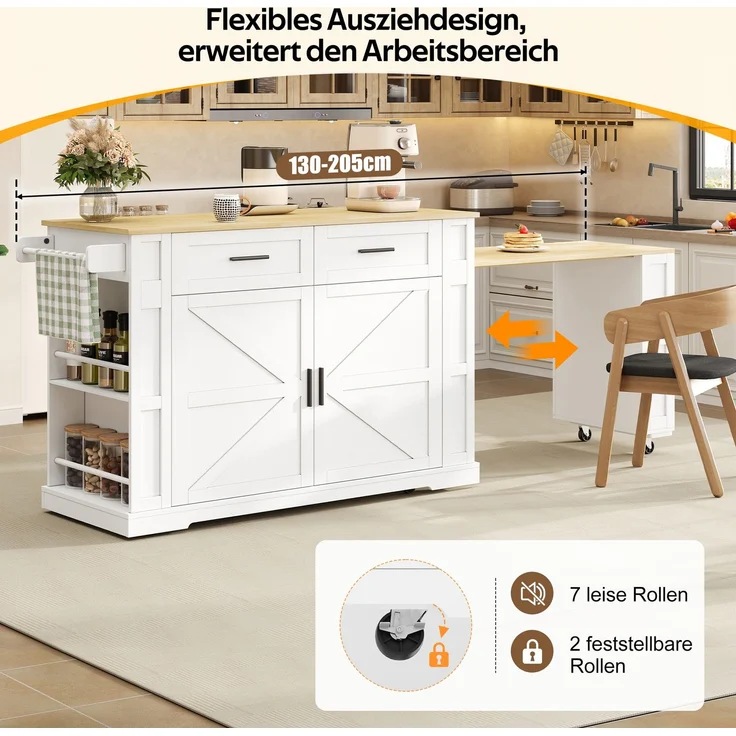 EINHOM Kücheninsel mit Ausziehbarer Arbeitsplatte, Küchenwagen 120 x 50 x 93 cm mit Steckdosenleiste, 2 Schubladen, Doppeltür-Schrank, Verstellbarem Einlegeboden, Handtuchhalter&7 Rollen, Weiß/Eiche – Bild 4