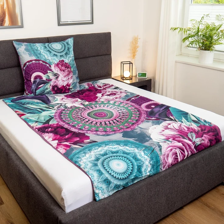 Traumschloss Satin Bettwäsche - Bandhura - Mandalas mit Blumen, mint, rosa 155x220 / 80x80 – Bild 2