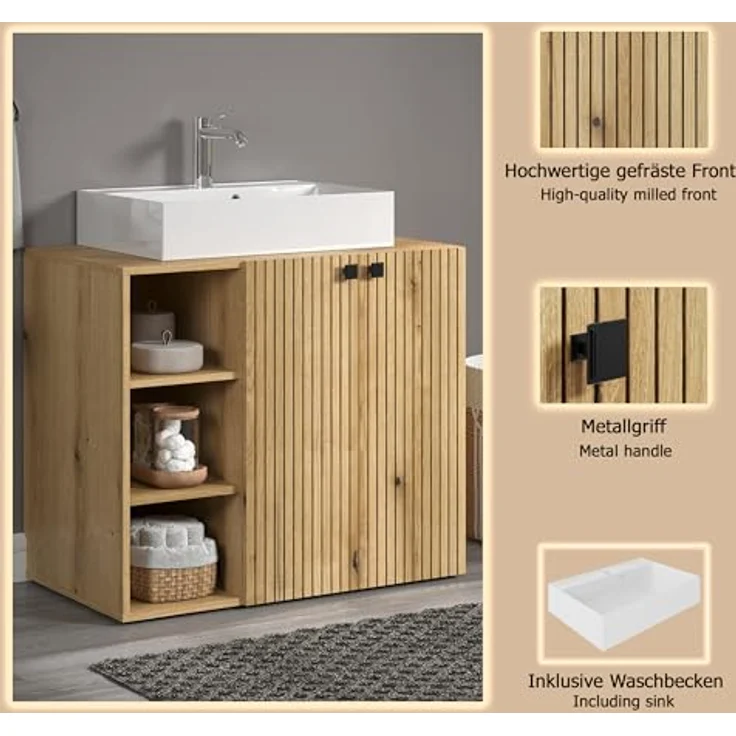 trendteam smart living - PureBliss - Hochschrank - Eiche - Breiter Badezimmerschrank mit Rillenoptik - (BxHxT) 70 x 186 x 31 cm - Badschrank mit edlen Metallgriffen - Praktisches offenes Fach – Bild 10