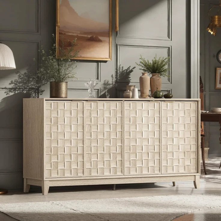 COLAMY Sideboard mit Riffel-Optik und Stauraum – Massivholz Anrichte für das Esszimmer, Schrank-Konsole mit verstellbaren Regalböden, Walnuss-Optik, Mid-Century-Moderne Stil, Eiche Weiß – Bild 3