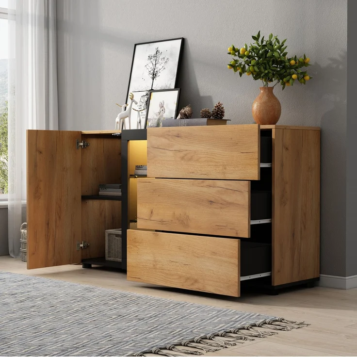 DESVIAE Sideboard mit LED-Beleuchtung und 3 Schubladen, 140x80x40 cm, Spanplatte, Braun/Schwarz – Bild 6