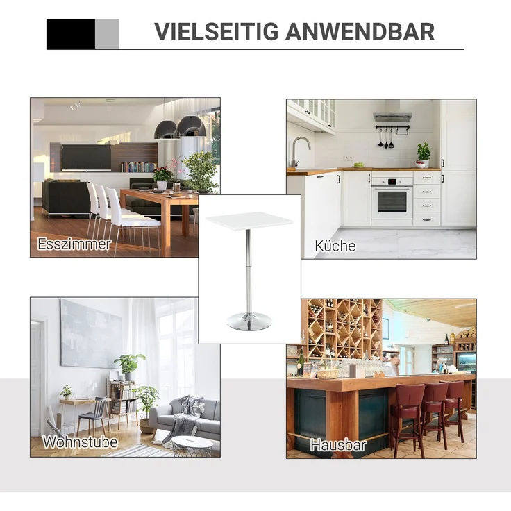 EINHOM Bistrotisch Pub Bartisch Höhenverstellbar Quadratisch 60 × 60 cm Stahl Weiß 71-92 cm für Küche oder Garten – Bild 6