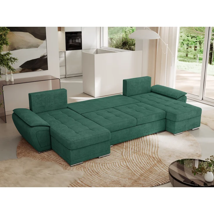 U-förmiges Ecksofa mit Schlaffunktion, genähter Sitz, zwei Armlehnen und losen Kissen - UMBRIA U - Grün Stoff – Bild 3
