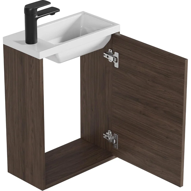 Badplaats Gäste-WC Möbel Florence 40 x 22 cm – Walnuss – Handwaschbeckenunterschrank mit weißem Waschbecken – Bild 3
