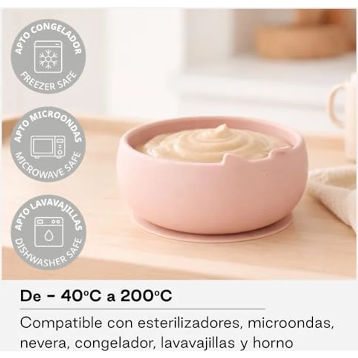 Jané Silikon Baby Schüssel mit Saugnapf und Löffel, BPA-frei, Mikrowellengeeignet, Baby Geschirr Set, Farbe Rosa – Bild 5