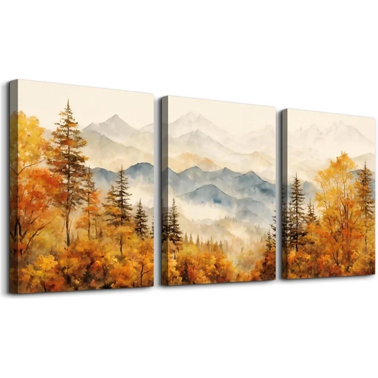 Aquarell Gold Wald Leinwand Bilder Set Wohnzimmer 30cm x 40cm x 3 – Bild 1