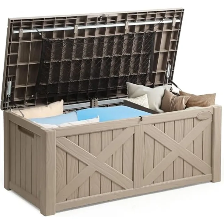 YITAHOME Große Aufbewahrungsbank 450 Liter mit X-Front, Wetterfeste Outdoor-Sitzbank, Resin Gartenbox für Terrassenkissen, Poolzubehör, Gartengeräte - Abschließbar, Hellbraun