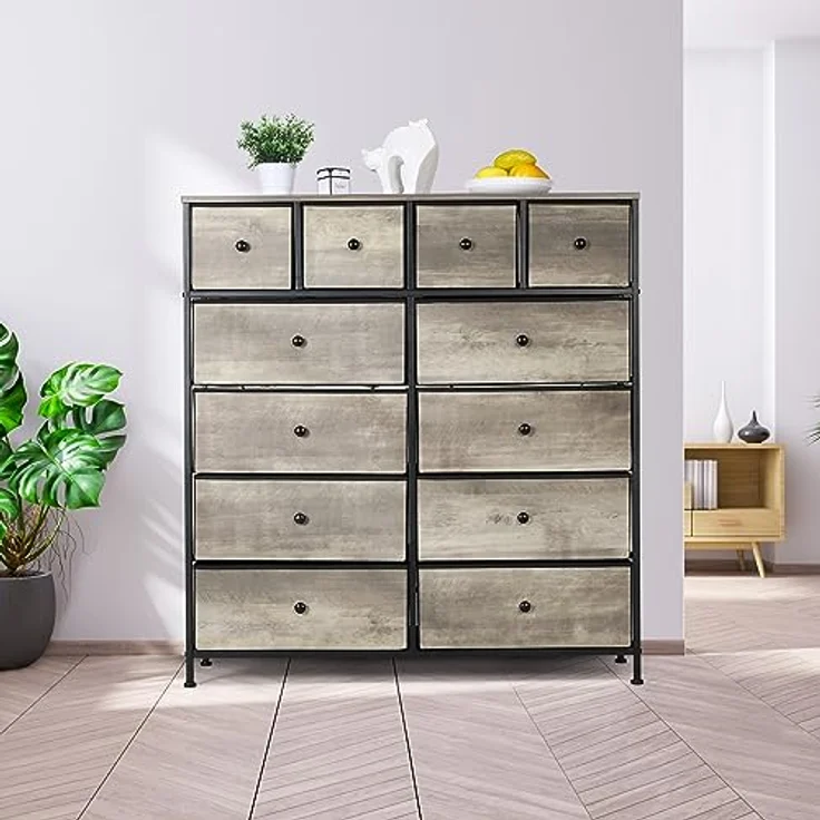 Clevich Stoff-Kommode, Schminktisch Schrank, Aufbewahrungsschrank, 12 Schubladen aus Stoff, Metallrahmen, industrieller Stil, für Wohnzimmer, Flur, Schlafzimmer (Grau) – Bild 11