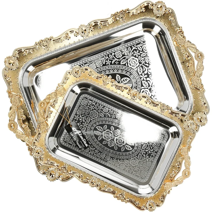 Almina 2-Teilig Silber Metallbrett Servierttablett aus Edelstahl 18/10 Stahl Motiv 6 Gold – Bild 4