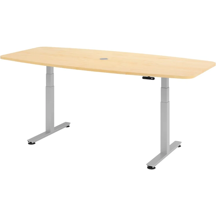 bümö Konferenztisch elektrisch höhenverstellbar 220x103 in Ahorn, Gestell: Silber - elektrischer Besprechungstisch oval mit Memoryfunktion höhenverstellbarer Meetingtisch, XDSM22-3-S – Bild 1