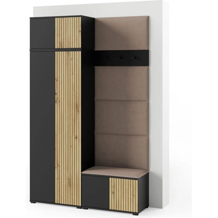 Garderoben-Set Rosario Version 2 mit Lamellen, Kleiderschrank mit Polsterplatten und Schuhschrank (Schwarz / Eiche Artisan, Trinity 05), 225 x 40 x 140 cm – Bild 1