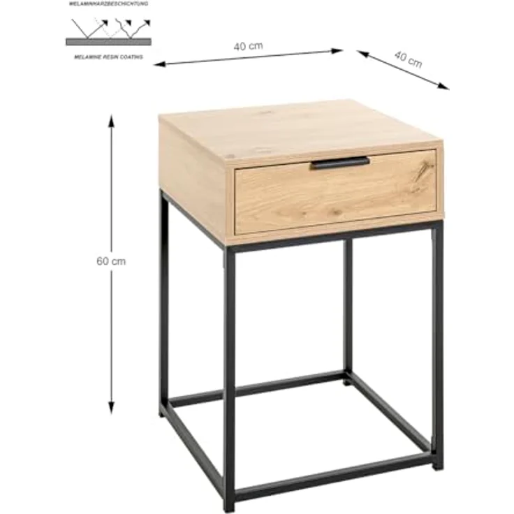 XXXL Nachtschrank Malmö, Schwarz, Eiche, Metall, 1 Schublade, 40x60x40 cm, Schlafzimmer Nachttisch – Bild 3
