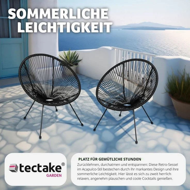tectake 800988 2er Set Acapulco Garten Stuhl, Relaxsessel im Retro Design, Indoor und Outdoor, Lounge Sessel für Garten Balkon und Terrasse (Schwarz | Nr. 404405) – Bild 3