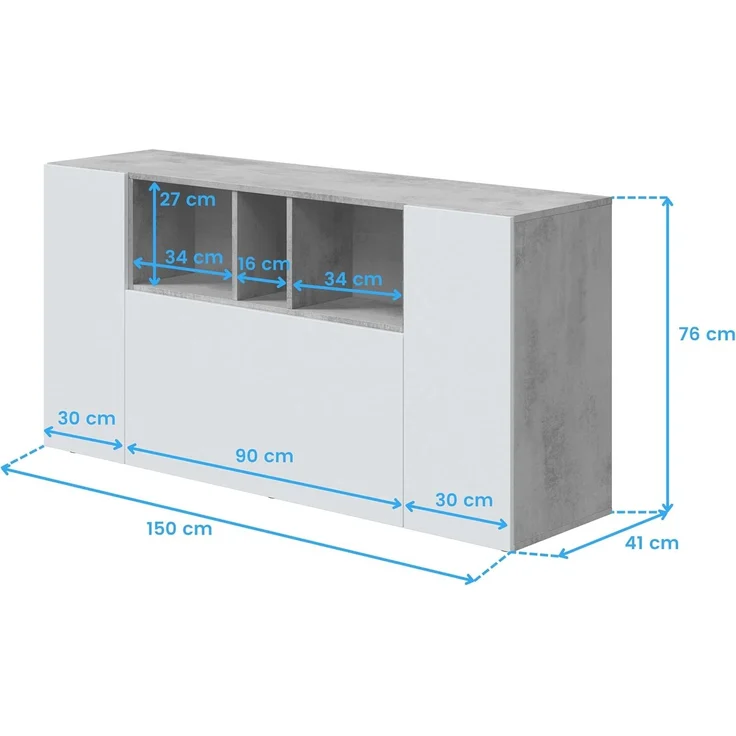 Habitdesign, modernes Sideboard mit 3 Türen und 3 offenen Fächern – Buffet & Beistellschrank für Wohnzimmer oder Esszimmer in Zementgrau & Artik weiß, Maße: 150 x 76 x 41 cm (B x H x T), Modell Loira – Bild 3