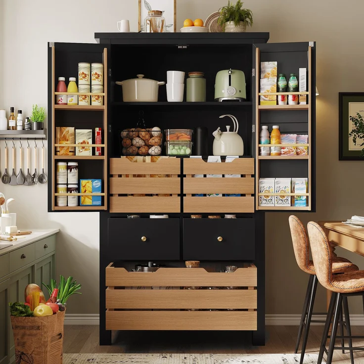 Küchenschrank (80x40x140cm), hohes Küchenbuffet, Mehrzweckbuffet, Snackschrank, Aufbewahrungsmöbel mit zwei Türen und fünf Schubladen, schwarz/weiß--Schwarz--80x40x140cm--YOUDENOVA – Bild 2
