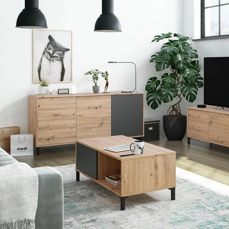 Habitdesign Couchtisch, Melamin Holz, Eiche Nodi und Anthrazit, Pequeña – Bild 6