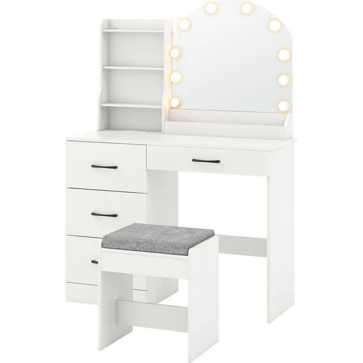 COSTWAY Schminktisch (1-St), mit LED-Beleuchtung, Ladestation, Hocker, Spiegel, 4 Schubladen
