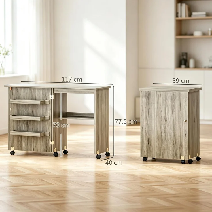 Klappbarer Nähschrank, Näh­tisch mit Klappplatte, Aufbewahrungsboxen, offenem Regal und Rollen--Herde--117x40x77.5cm--YOUDENOVA – Bild 4