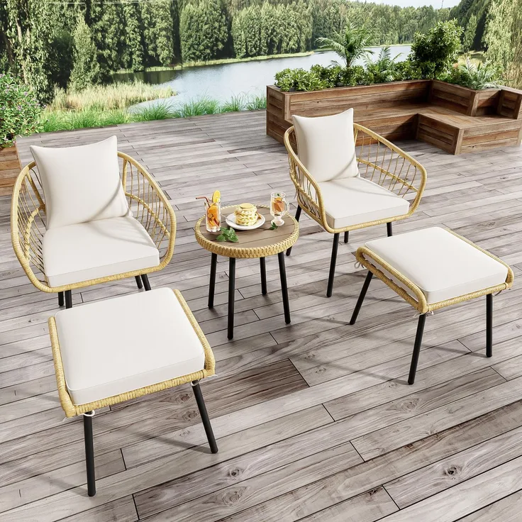 LVHOM 5-teiliges Gartenmöbel Set, Balkonmöbel Set Rattan mit Kissen, Balkonset Polyrattan für 4 Personen, Sitzgruppe Terrassenmöbel Loungemöbel, Beige