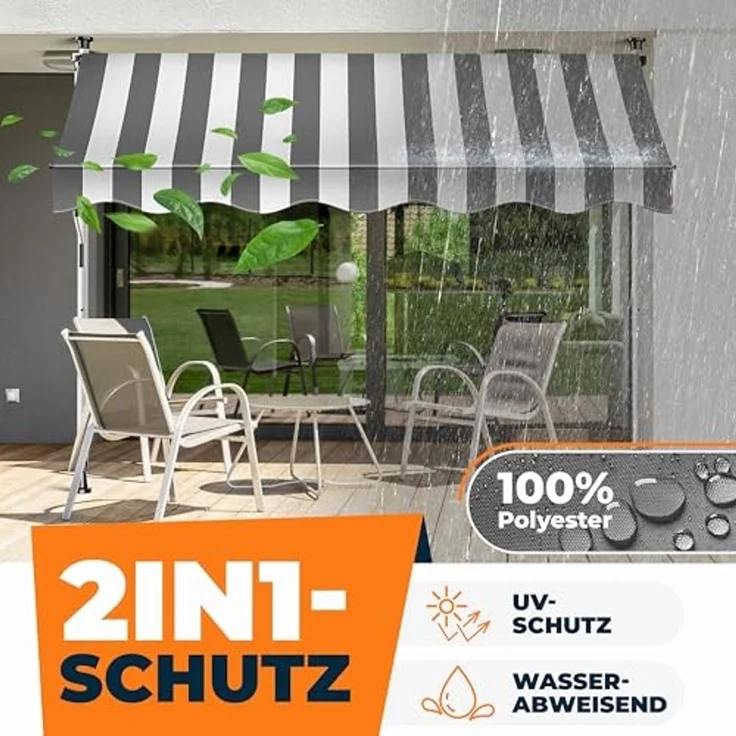 KESSER® Klemmmarkise mit Handkurbel & LED Lichterkette | Balkonmarkise ohne Bohren | Markise UV-beständig höhenverstellbar & wasserabweisend | Sonnenschutz für Balkon Terrasse & Garten Weiß / Grau, 350cm – Bild 4