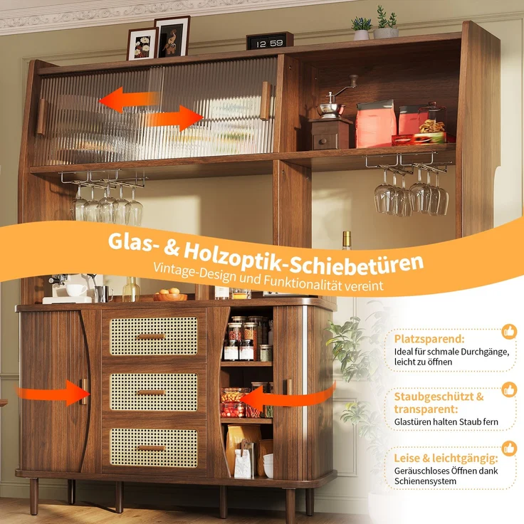 Hochwertiger Buffetschrank mit Rattanoptik & Glasschiebetüren, 174,5cm hoher Küchenschrank mit Stauraum, Naturholz-/Nussbaum-Optik, belastbar bis 60kg – Bild 4