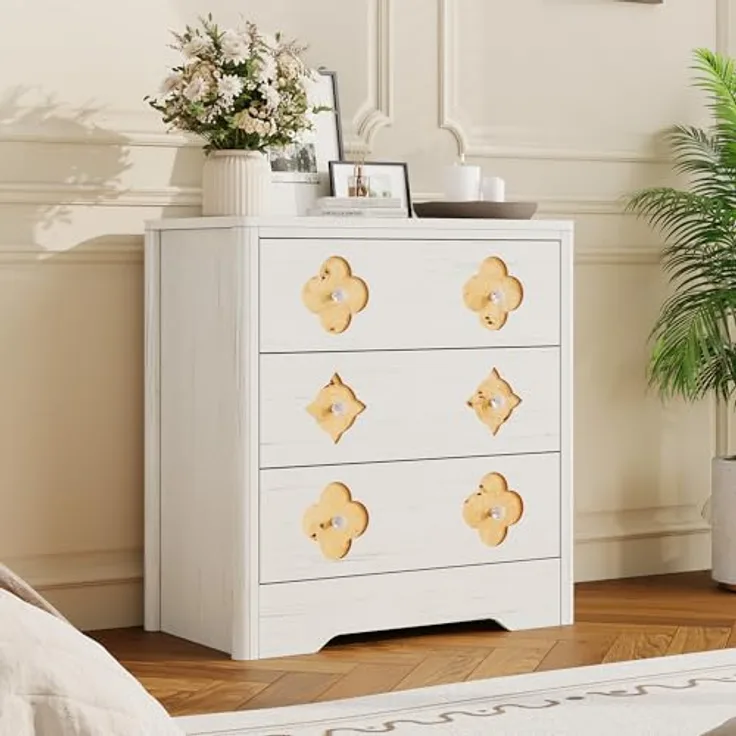 GarveeHome Kommode Mit 3 Schubladen, Nachttisch Mit Durchbrochenem Muster Und Kristallknauf, Dekorativer Beistelltisch Mit 220 kg Tragkraft, Für Wohnzimmer Und Schlafzimmer, 80 x 40 x 77 cm
