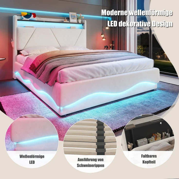 Polsterbett, Samt mit LED & Stauraum, 160x200 cm, Beige, ohne Matratze – Bild 8