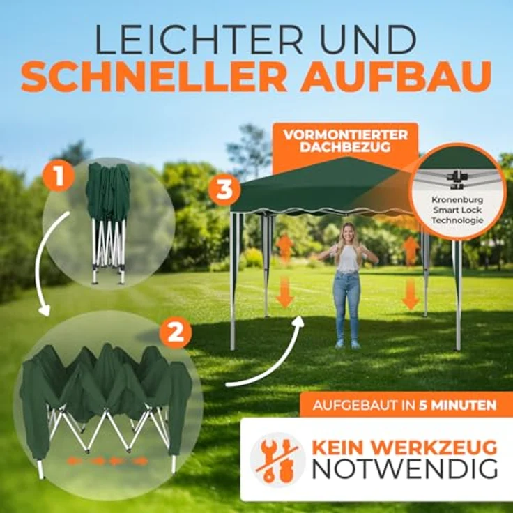Faltpavillon 3x3 m - wasserdicht - ohne Seitenteile, grün – Bild 5