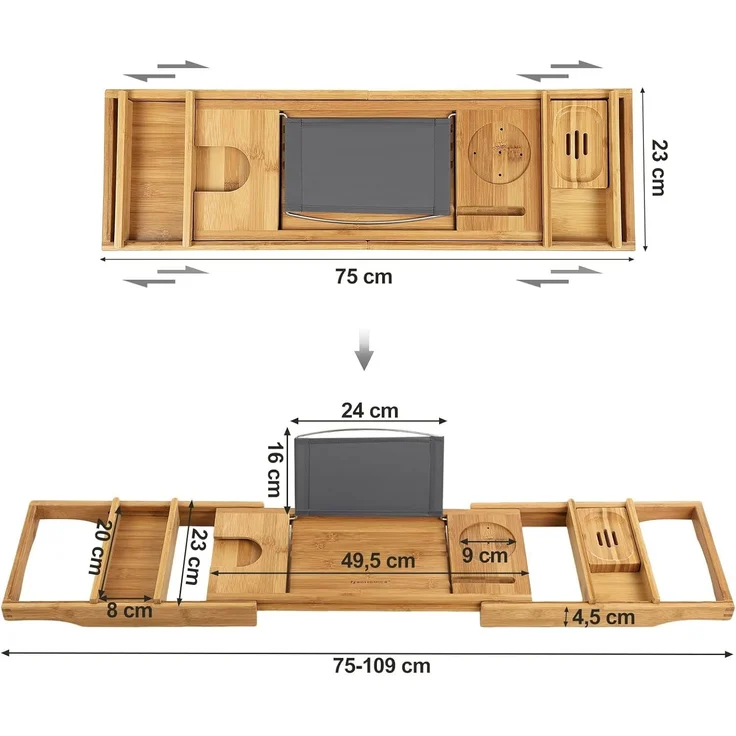 Badewannenablage aus Bambus, ausziehbar, verstellbares Badewannenbrett, Ablage für Badewannen, mit Getränkehalter, Handy-Stütze, Seifenablage, (75-109) x 23 x 4,5 cm, naturfarben BCB88Y – Bild 4