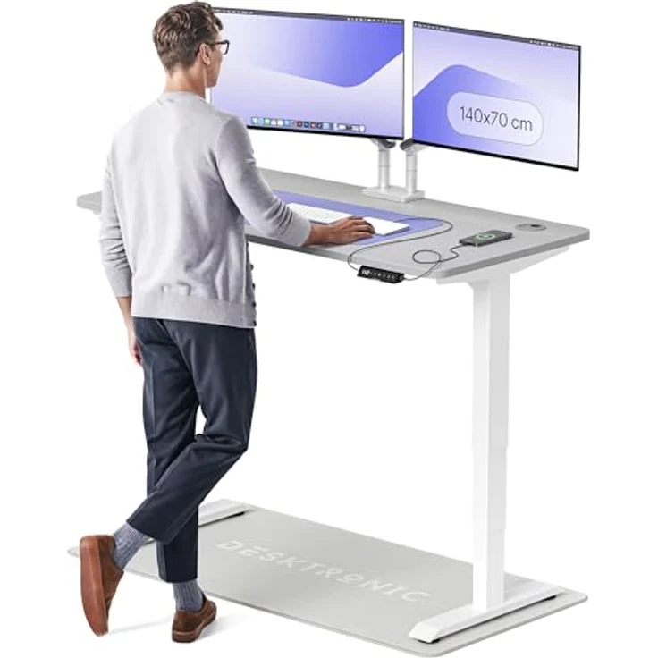 Höhenverstellbarer Schreibtisch - Höhenverstellbar Elektrisch mit Flüsterleisem Dual-Motor & Touchscreen - Hohe Tragfähigkeit - Stehtisch von Desktronic, Weiß + Grau, 140x70 cm – Bild 1