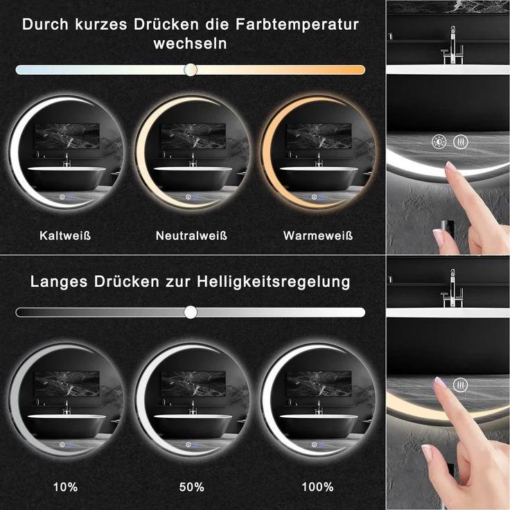 ZMH Runder Badezimmerspiegel mit Beleuchtung – 60 cm runder Wandspiegel LED IP44 runder Badezimmerspiegel mit Touch-Schalter und Antibeschlagfunktion – Bild 4