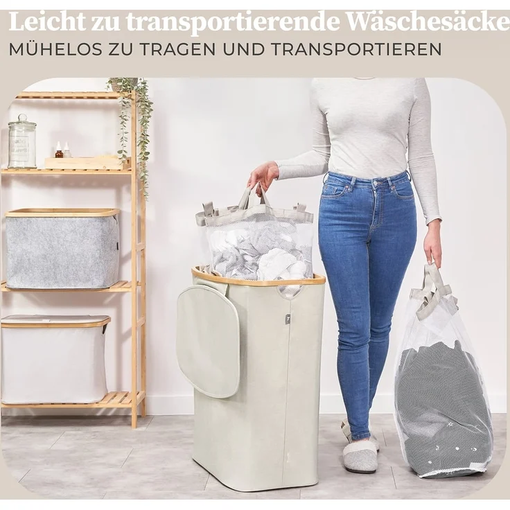 HENNEZ Wäschekorb Wäschebox 150L - Wäschekorb 3 Fächer mit Deckel, Wäschesortierer mit Wäschesack, schwarz Bambus – Bild 5
