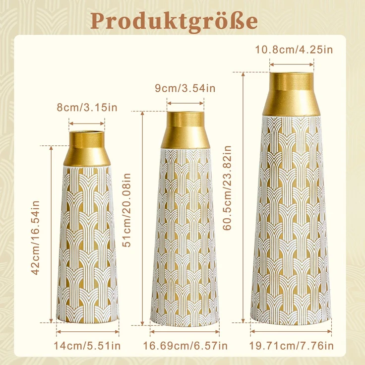 Goldene Bodenvase 3er Set, Moderne Metall Vase mit geometrischem Muster, 42/51/60,5 cm Groß Dekovase für Wohnzimmer, Esszimmer, Trockenblumen & Pampasgras--Gold--24.73x23.6x66.49cm--YOUDENOVA – Bild 7