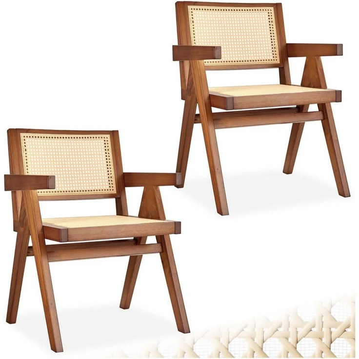 tectake Esszimmerstuhl Holzstuhl Lissy mit Wiener Geflecht im Boho-Stil (Set, 2 St), Breite Rückenlehne und bequeme Sitzfläche mit Armlehnen