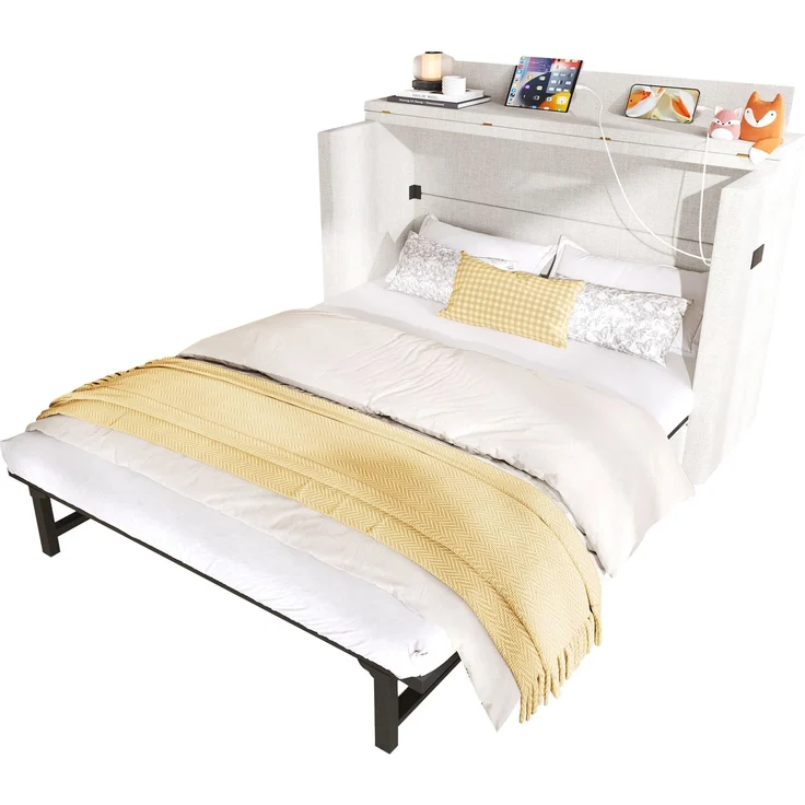 Schrankbett, 140 x 200, Mit einer Schublade,Mobiles Schrankbett mit Ablagefach am Bett, mit USB- und Typ-C-Anschlüssen, Umbaubares Plattformbett, Ohne Matratze,Leinen, Beige – Bild 7