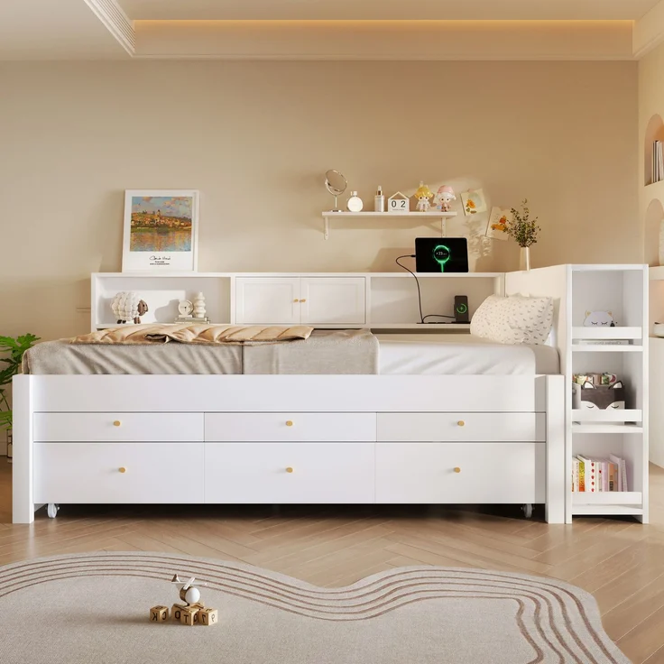 EINHOM 140x200 cm Holzbett mit USB-Ladeanschluss, 3 Schubladen und ausziehbarem Gästebett, Stauraumbett (Ohne Matratze) – Bild 4
