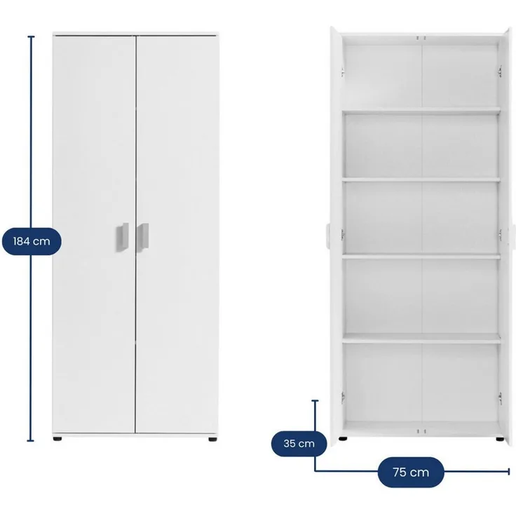 Home Collective Mehrzweckschrank 75 cm breit mit Einlegeböden 75x35x184 cm (BxTxH) Weiß mit 2 Türen & 4 Einlegeböden