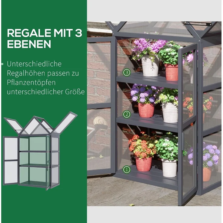 Outsunny Gewächshaus, Tannenholz, Polycarbonat, Grau, 70,5L x 42B x 132H cm – Bild 5
