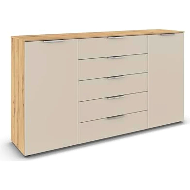 Rauch Möbel Flipp, Kommode für Schlafzimmer, Kinderzimmer, Wohnzimmer, Jugendzimmer, Flur, Garderobe, 2-türig, 5 Schubladen, mit Softclose-Funktion, Farbe Eiche Artisan, Holz/Beige, Breite 180 cm – Bild 2
