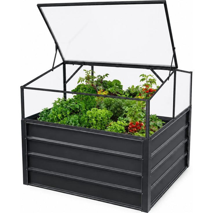 Anzuchtkasten mit Frühbeetaufsatz 108 × 110 × 104/152 cm – Hochbeet mit Polycarbonatdeckel