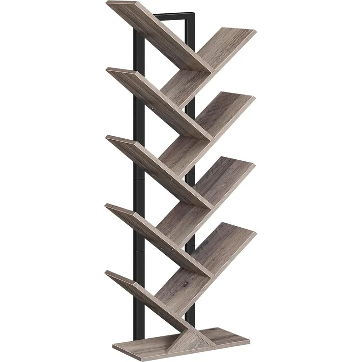 HOOBRO Bücherregal, Standregal mit 9 Ebenen, Holz DVD Regal, in Baumform, Metallgestell, für Wohnzimmer, Arbeitszimmer, Kinderzimmer, Greige EBG08SJ01G1