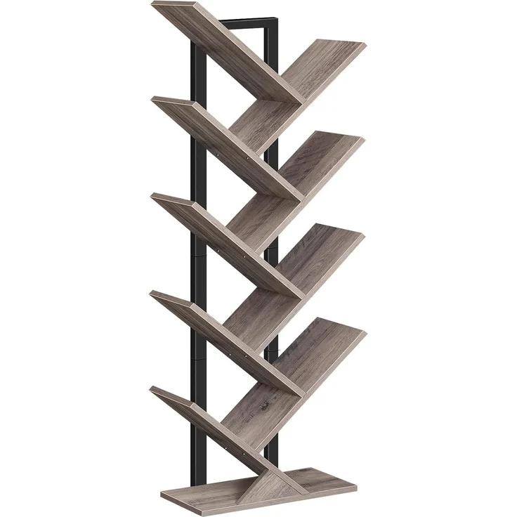 HOOBRO Bücherregal, Standregal mit 9 Ebenen, Holz DVD Regal, in Baumform, Metallgestell, für Wohnzimmer, Arbeitszimmer, Kinderzimmer, Greige EBG08SJ01G1