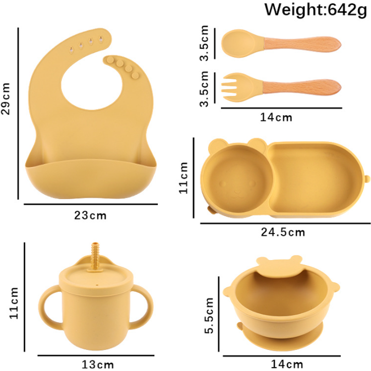 ABC Olivgrünes 6-teiliges Silikon-Geschirrset für Kinder, bestehend aus Babynahrungsschüssel, Teller, Strohhalm und Becher – Bild 2