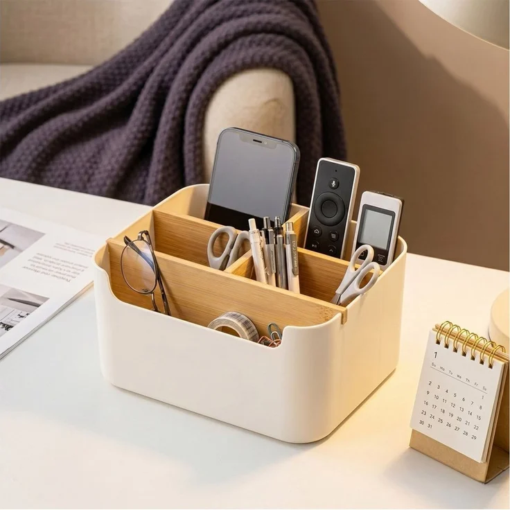 Youyijia Aufbewahrungsbox Bambus Schreibtisch Organizer with 5 Compartments, Büro Organizer – Bild 2