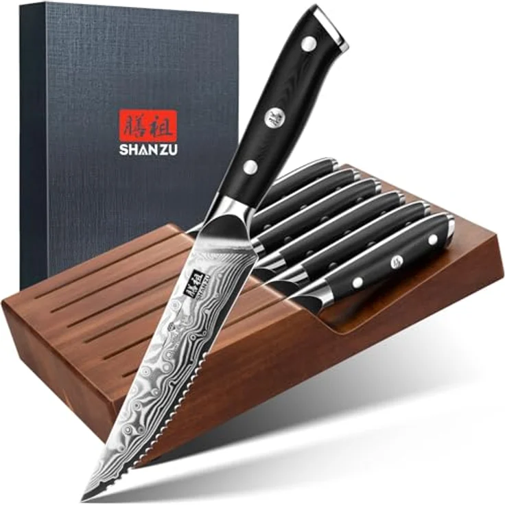 SHAN ZU Steakmesser-Set 7-teilig, 11 cm Damast-Steakmesser mit Block, japanisches Küchenmesser-Set mit Wellenschliff aus Hartstahl mit ergonomischem G10-Griff und Geschenkbox – PRO Series – Bild 2